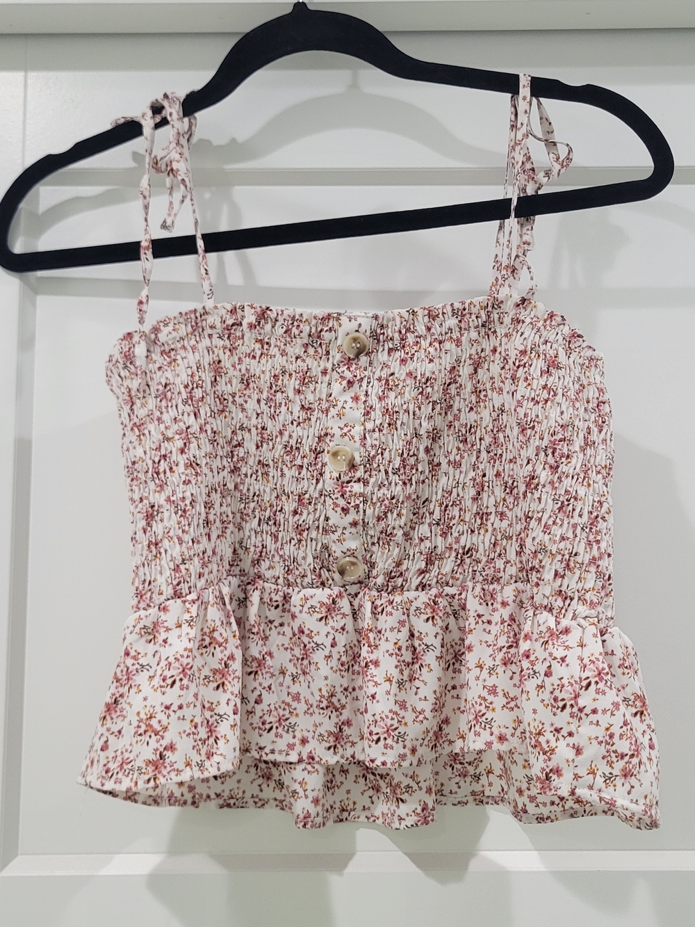 Paper Crane Ditsy Floral Smocked Crop Top Tie Straps Pink Cream Large